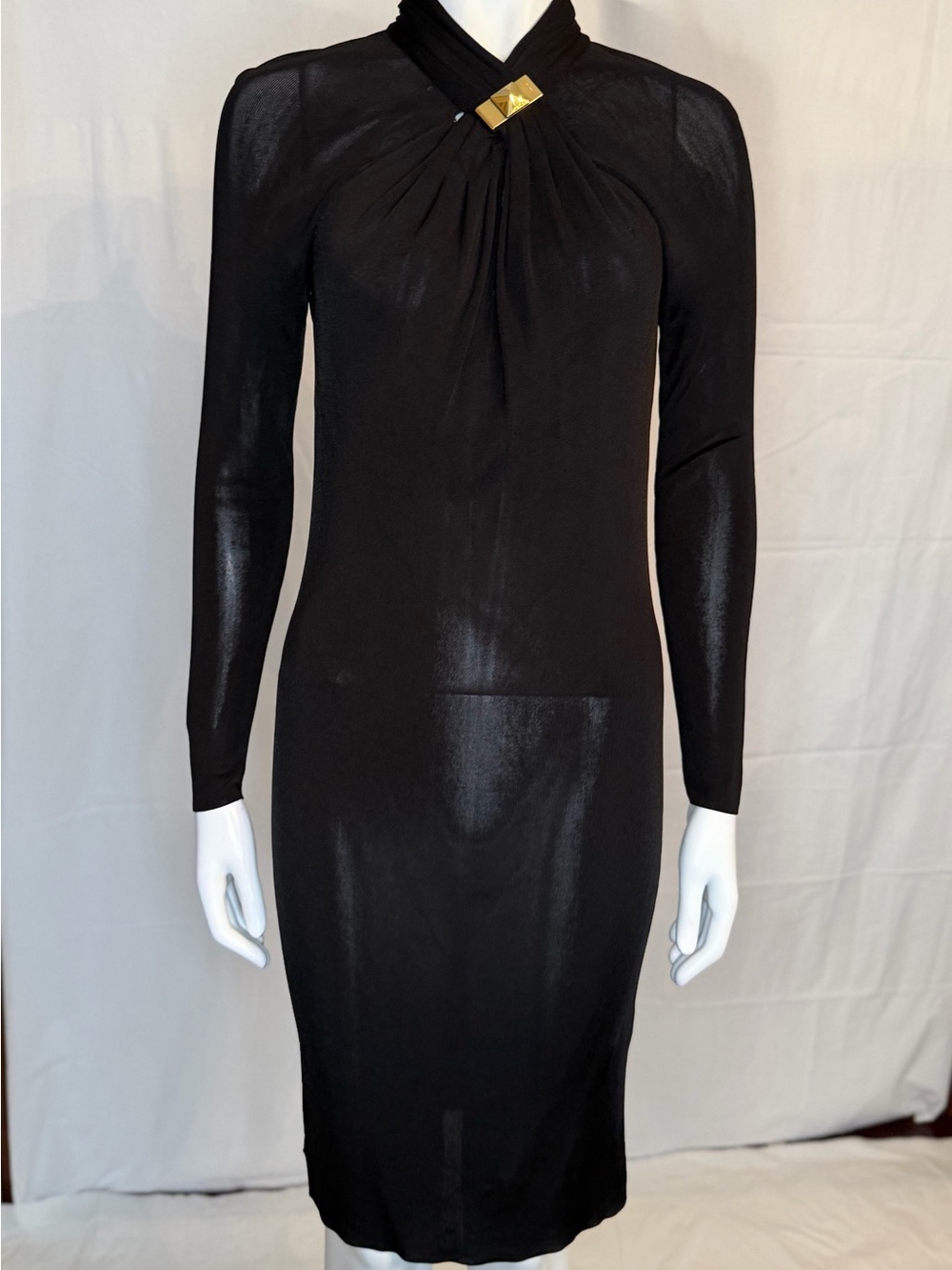 Gucci Black Long-Sleeve Twist-Neck Dress with Gold Accent - Picture 2 of 10